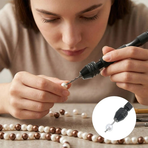10 Piece Pin Vise Drill Bits Set HSS Micro Twist Bits 0.8mm To 3.0mm Pro Grade DIY Friendly Precision Hand Drills With Collet Rotary Tool For Jewelry Making Resin Wood Metal Model Black, woman drilling pearl bead