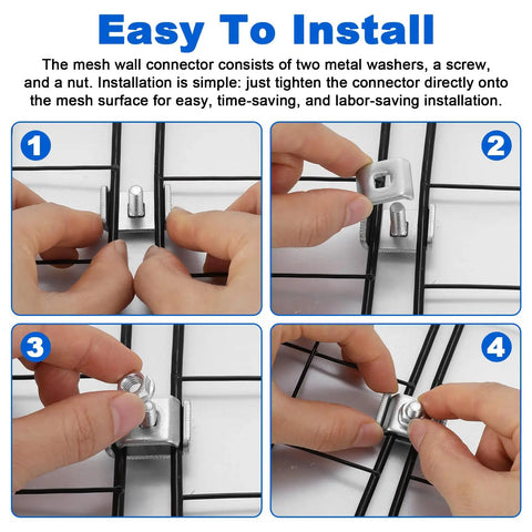 Hands installing galvanized wire connector clips with metal washers on mesh panel, Heavy Duty Wall Cable Tray Holder.