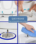 Top Shelf Square Soft Close Toilet Seat With Silent Glide Lid And Adjustable Swivel Hinges Tool Free Setup Secure Mount Durable White High Gloss Finish, showing quick-release feature for easy cleaning.