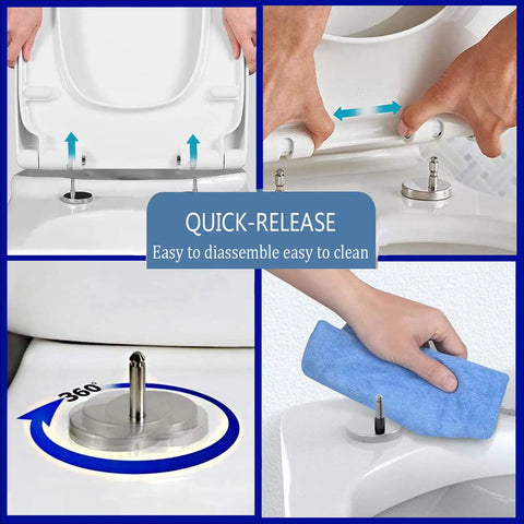 Top Shelf Square Soft Close Toilet Seat With Silent Glide Lid And Adjustable Swivel Hinges Tool Free Setup Secure Mount Durable White High Gloss Finish, showing quick-release feature for easy cleaning.