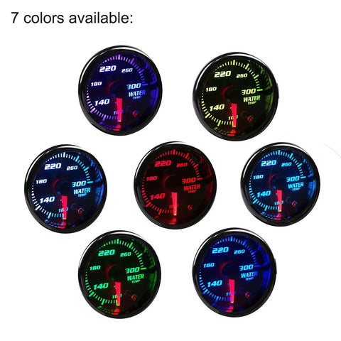 Front view of 52mm Water Temperature Gauge With 7 Color LED Backlit Tint Lens, 2 Inch Dial, Reads 100 to 300 Fahrenheit in multiple colors.
