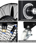 Close-up of Heavy Duty Portable Misting Oscillating Floor Fan Featuring Three Speed Adjustable Cool Spray System and Ninety Degree Wide Airflow Coverage controls and components.