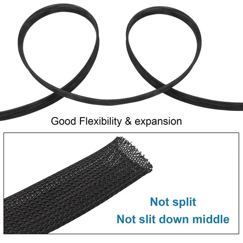 1 Inch PET Expandable Braided Cable Sleeve showing flexibility and anti-friction sheathing, VW 1 Flame Retardant, Halogen Free, RoHS Compliant