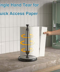 One Hand Tear Paper Towel Holder for Countertop Black Stainless Steel with Weighted Base Ratchet Mechanism in kitchen