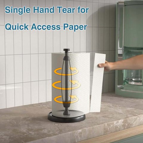 One Hand Tear Paper Towel Holder for Countertop Black Stainless Steel with Weighted Base Ratchet Mechanism in kitchen