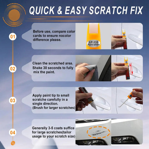 Step-by-step instructions using 2 In 1 Car Scratch Repair Kit With Color Accurate Touch Up Paint For Cars Quick Drying Safe Easy To Use Weatherproof Pen Fits All Car Models 2 Pieces