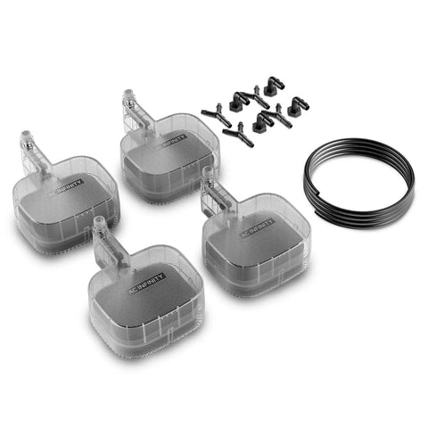 Auto Fill Upgrade Valve Kit For Self Watering Bases, Gravity Powered Refills From Large Reservoir, No Mess Leak Proof Seal, Three Eighths Inch OD Tubing, 4 Pack For Hydroponics And Indoor Grow Setups displayed with components on white background