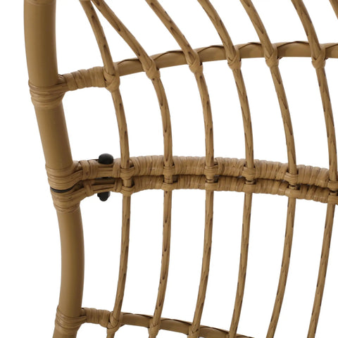 Close-up of wicker detailing on Mariah Wicker Hanging Chair With Cushion For Indoor Outdoor Chill Lounger in light brown beige.