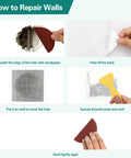 Drywall Repair Kit For Large Holes And Damaged Walls 25 Piece Patch Set with Scrapers Sandpaper and Gloves usage steps.
