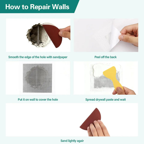Drywall Repair Kit For Large Holes And Damaged Walls 25 Piece Patch Set with Scrapers Sandpaper and Gloves usage steps.