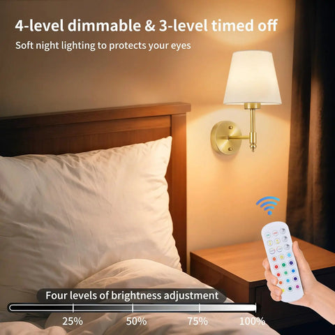 Wireless Rechargeable Wall Sconce Set Of Two Featuring Smart Remote Control, soft lighting by bedside, dimmable design.