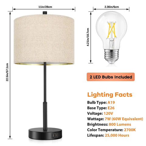 Set Of 2 Tall Touch Control Lamps With USB Ports, 3 Way Dimmable Bedside Nightstand Lights, beige shade and LED bulb details