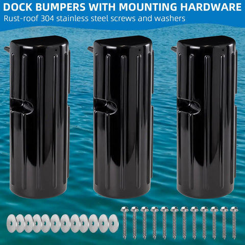 Heavy Duty Dock Bumper Fenders To Knock Out Dock Rash, Durable Inflatable Edge Guards For Boat Sides, Top Shelf Black Marine Waterline Protectors, 3 Pack Ready with mounting hardware and screws.