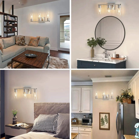 Three Light Sleek Brushed Nickel Bathroom Vanity Light with Clear Glass Shades in living room, bathroom, kitchen, and bedroom