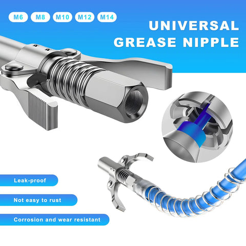 Front view of NYTKL grease gun coupler with double handles and quick-release nozzle; chrome metal, 12000 PSI, 1/8" NPT