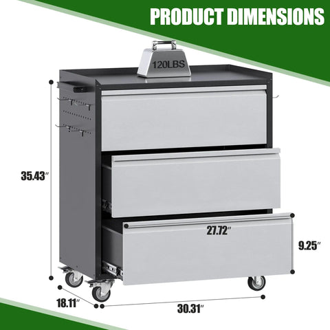 Heavy Duty Metal Rolling Tool Storage Cabinet With Drawers And Side Pegboards Left Handle Lockable Casters dimensions