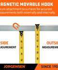 Magnetic movable hook with tape measure for inside and outside measurements, enhancing accuracy for various projects.