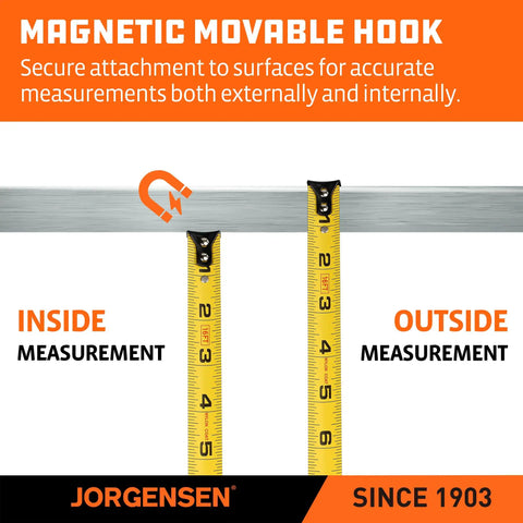 Magnetic movable hook with tape measure for inside and outside measurements, enhancing accuracy for various projects.