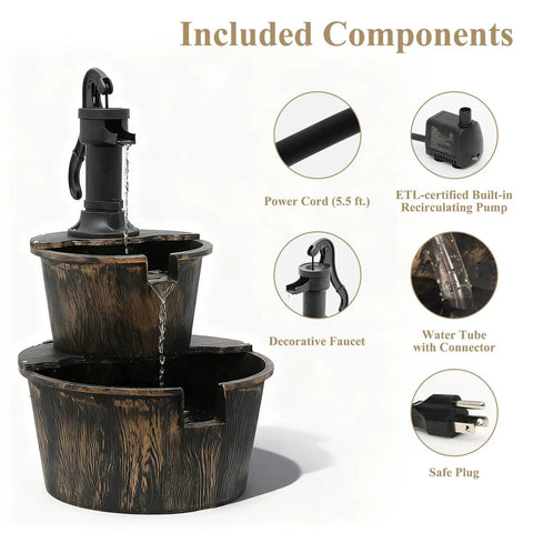 Rustic Two Tier Barrel Waterfall Fountain For Backyard Patio And Garden Bronze Finish 27 Inch Electric Water Feature components