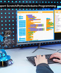 Front view of LewanSoul robotic arm kit with blue chassis, 6DOF, beside a monitor displaying block-based code