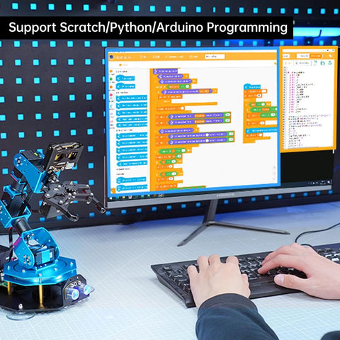 Front view of LewanSoul robotic arm kit with blue chassis, 6DOF, beside a monitor displaying block-based code