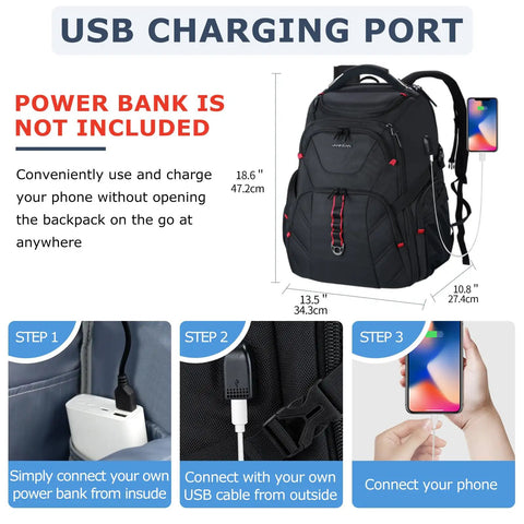 Diagram showing USB charging port on 17.3 Inch Travel Laptop Backpack With TSA Friendly Layout, USB steps illustrated