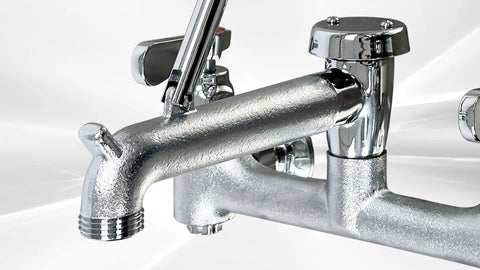 Close-up of NSF Wall-Mounted Mop Sink Faucet, 8" Adjustable Centers, 6-1/2" Spout, Heavy Cast Spout with Pail Hook, BXF-S001