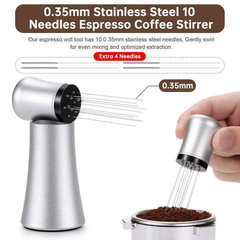 Espresso Distribution Tool With 10 Needle 0.35mm Precision Stirrer For Even Extraction Pro Barista Gear shown in use.