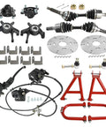 Beefed Up Go Kart 4WD Rear Drive Shaft CV Axle Joint Assembly Kit With Shock Swing Arms Mounts Hydraulic Brake Caliper Rotor Tie Rod For ATV UTV Quad Buggy Dune 4 Wheeler DIY Rebuild, includes shafts, calipers, and suspension arms.