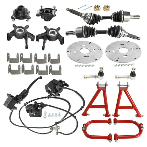 Beefed Up Go Kart 4WD Rear Drive Shaft CV Axle Joint Assembly Kit With Shock Swing Arms Mounts Hydraulic Brake Caliper Rotor Tie Rod For ATV UTV Quad Buggy Dune 4 Wheeler DIY Rebuild, includes shafts, calipers, and suspension arms.