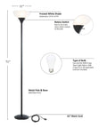 Modern Torchiere Floor Lamp In Black With White Frosted Shade, 70 Inch Tall Uplight, 150 Watt Incandescent, 3 Way Rotary Switch