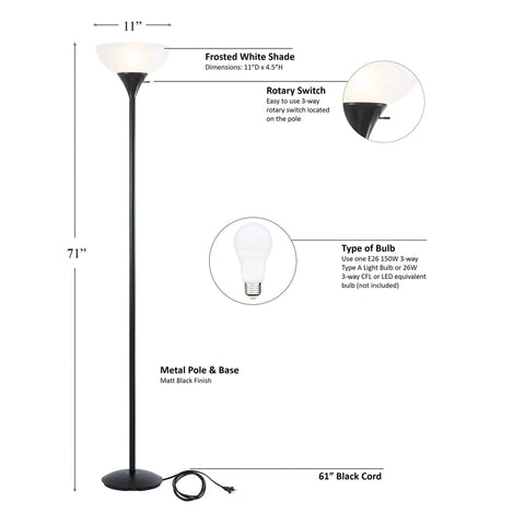 Modern Torchiere Floor Lamp In Black With White Frosted Shade, 70 Inch Tall Uplight, 150 Watt Incandescent, 3 Way Rotary Switch