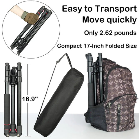 All Terrain 3 In 1 Adjustable Rifle Shooting Tripod Monopod And Bipod folded in backpack with carrying bag on side