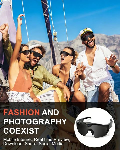 Group enjoying sailing with 4K POV Baseball Glasses With Camera For Men And Women Sports Sunglasses Eyewear in Ice Blue.