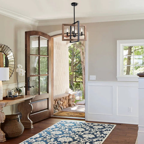 Farmhouse Style Chandelier For Kitchen Island Rustic Industrial Pendant Light With Wood And Metal Frame in entryway