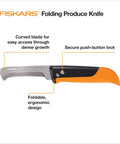 Foldable Produce Knife For Garden Harvests with safety lock, stainless steel curved blade, ergonomic orange handle