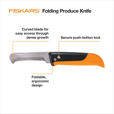 Foldable Produce Knife For Garden Harvests with safety lock, stainless steel curved blade, ergonomic orange handle