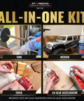 CA Glue Activator Kit With Thin Medium And Thick 2 Oz Bottles And 6 Oz Accelerator Pro Grade Cyanoacrylate Super Glue Bundle shown with thin glue on a wheel, medium glue by a model car, thick glue on wood, and accelerator spray.