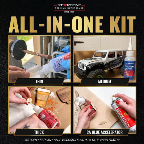 CA Glue Activator Kit With Thin Medium And Thick 2 Oz Bottles And 6 Oz Accelerator Pro Grade Cyanoacrylate Super Glue Bundle shown with thin glue on a wheel, medium glue by a model car, thick glue on wood, and accelerator spray.