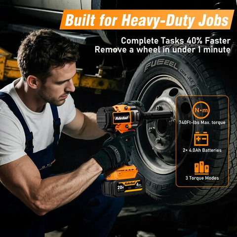 Man using Beefy Half Inch Brushless Impact Wrench With 3000 RPM Three Speed Modes High Torque Includes Two 4Ah Batteries And Charger for car tire removal.