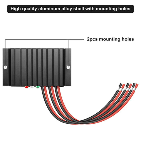 20A 12V 24V IP68 Waterproof PWM Solar Charge Controller aluminum shell with mounting holes and wires visible