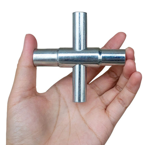 4 Way Sillcock Key Wrench Set For Faucets And Valves, Lifesaver Water Access Tool For Emergencies shown in hand, steel material