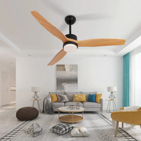 52 Inch Ceiling Fan With Remote Control And Lights 3 CCT 22W Black Indoor Outdoor Ceiling Fan With 3 Wood Blades in living room