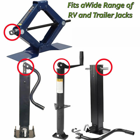 Heavy Duty Trailer Jack Drill Adapter Fits Half And One Inch Shaft Drives For Towing Campers Up To Twelve Thousand Lbs shown with various jacks.