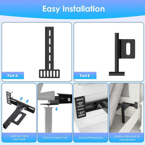 Easy installation steps showing Built Tough Adjustable Headboard Brackets For Metal Bed Frames With Full Hardware Kit.