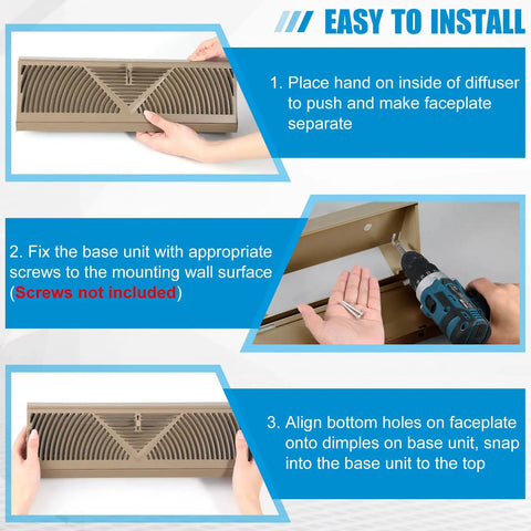 Installation steps for 4 Pack Baseboard Vent Covers With 18 Inch Duct Opening, illustrating easy install process and airflow control.