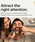 Man smiling while using Weed Whacker 2.0 Nose And Ear Hair Trimmer with 7000 RPM motor for quick, clean trims, rechargeable battery.