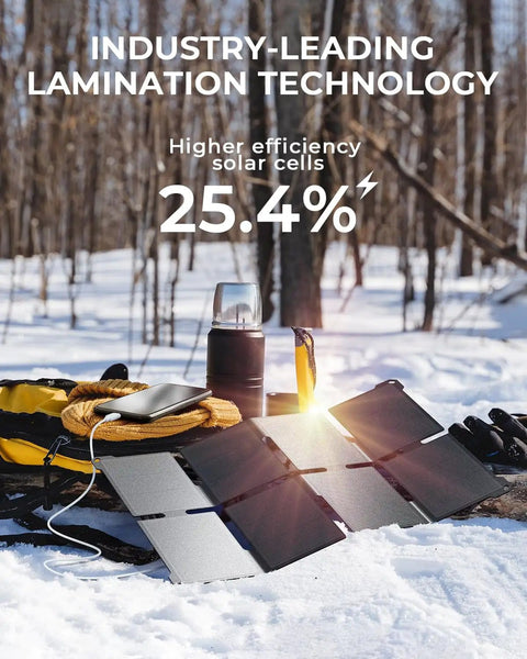 Ultra Light 25W Solar Panel Charger With USB A And USB C Ports in snowy forest, showcasing lamination technology