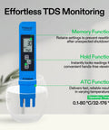 All-In-One Digital pH Meter With TDS EC Temperature, Soil Moisture And Light Tester in blue case showing TDS readings in water
