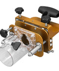 Rock Solid Stainless Steel Router Mortising Jig Acting As A Slick Woodworking Slotting Positioner with clear dust collection attachment.